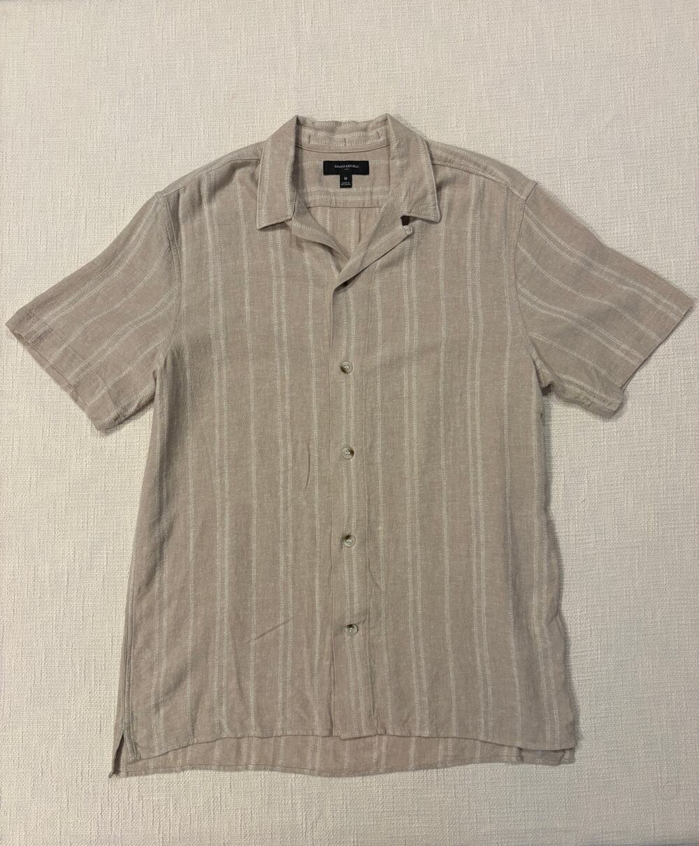 Banana Republic Men's Medium Linen Rayon Camp Collar Shirt Beige Stripe